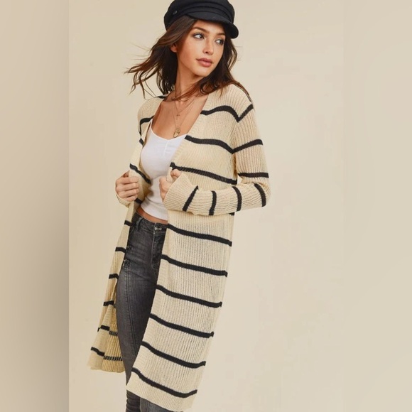 Cream Striped Open Cardigan - Picture 2 of 8